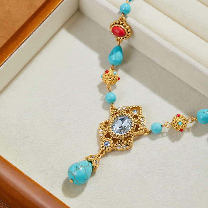 Colier placat cu aur, design geometric, pandant din turcoaz, lanț cu bile, tratament cu diamant