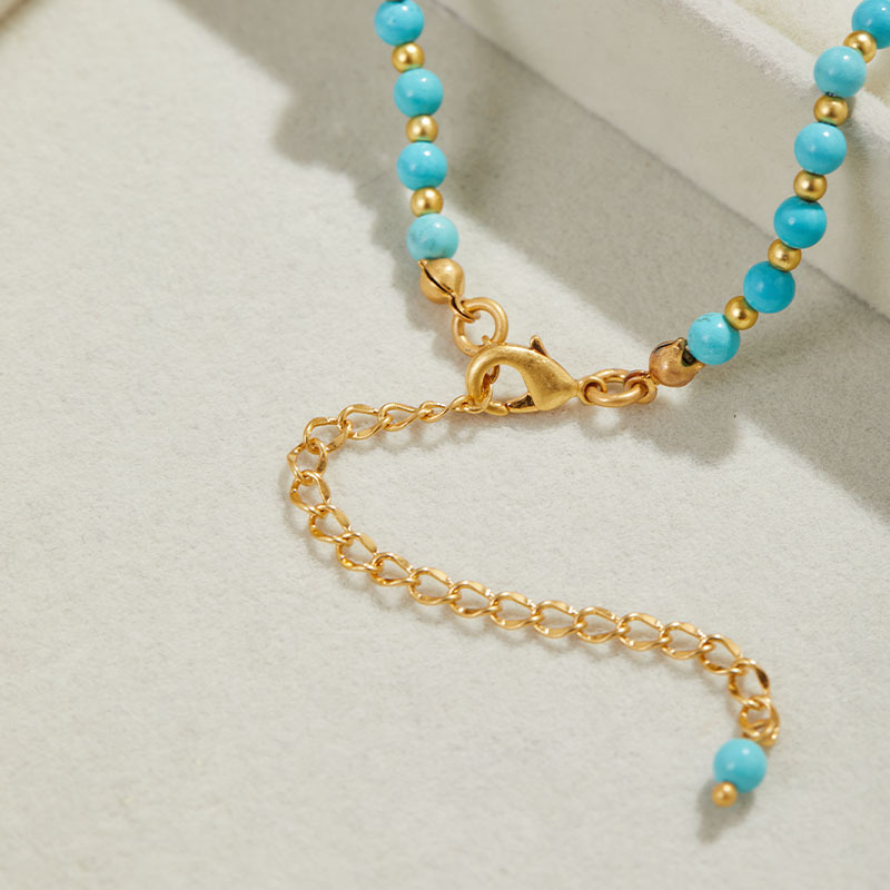 Colier placat cu aur, design geometric, pandant din turcoaz, lanț cu bile, tratament cu diamant