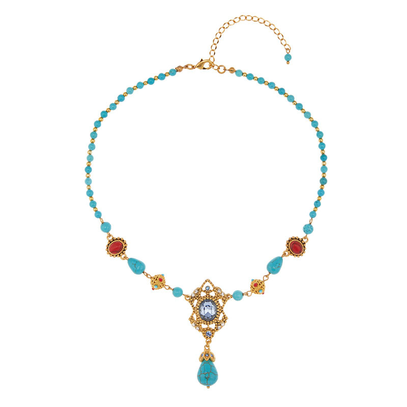 Colier placat cu aur, design geometric, pandant din turcoaz, lanț cu bile, tratament cu diamant