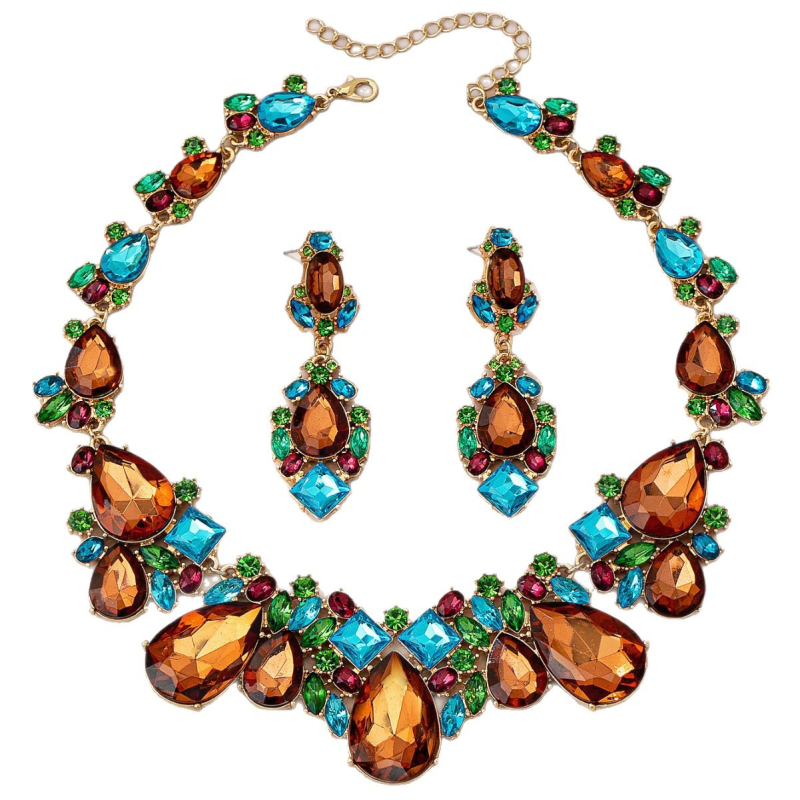 Σετ: Κολιέ σε σχήμα σταγόνας με φλοράλ μοτίβο και σκουλαρίκια καρφωτά, ψευδάργυρος, τεχνητός κρύσταλλος, αλυσίδα τύπου κλειβί, στυλ ελαφρύς πολυτελής