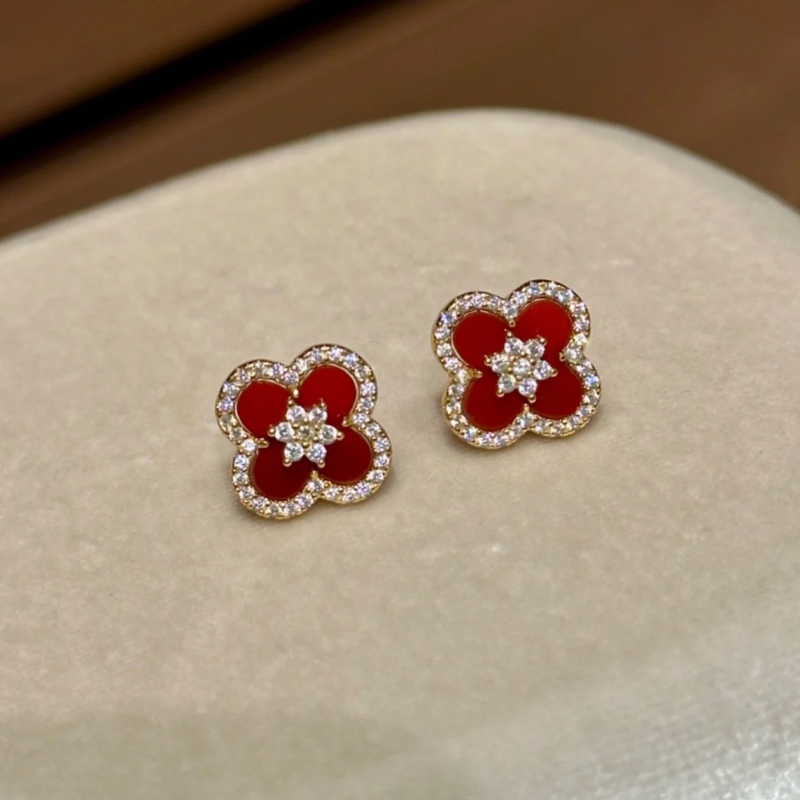 Set de bijuterii: trifoi cu patru foi cu carneolian, colier, cercei și brățară; argint 925, placare electrolitică, lanț regulat; model plante și flori; stil lux ușor