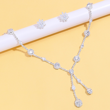 Zirconij svadbeni set nakita – naušnice i ogrlica, box chain lanac, kristalni privjesci, cvjetni uzorak