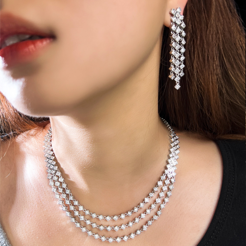 Set nakita: višeslojni lanac i naušnice, bakar, privjesak cirkon, bambus lanac, uzorci Ljubav / Kap vode / Zvončić, elektropliranje