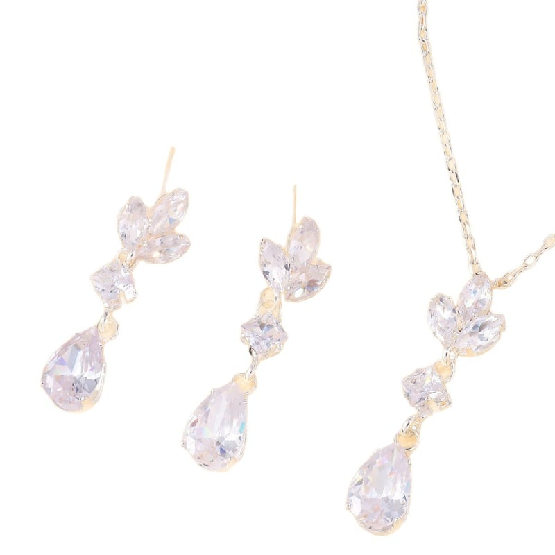 Set ogrlice i naušnica sa cirkonom – elektroplatinirani završetak; motivi: kapljica vode, srce i zvončić; standardni lančić; privjesci od umjetnog kristala