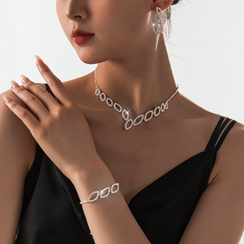 Trodjelni set nakita: ogrlica, naušnice i narukvica od bakra, lanac u obliku vodnog vala, Rhinestone privjesci; motivi: Ljubav / Kap vode / Zvono