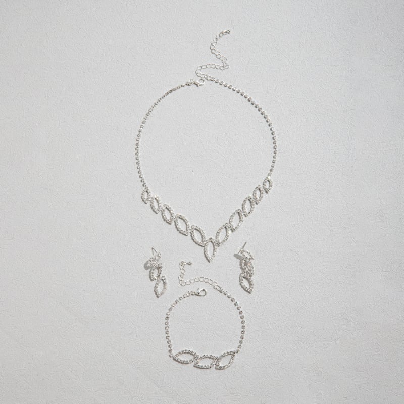 Trodjelni set nakita: ogrlica, naušnice i narukvica od bakra, lanac u obliku vodnog vala, Rhinestone privjesci; motivi: Ljubav / Kap vode / Zvono