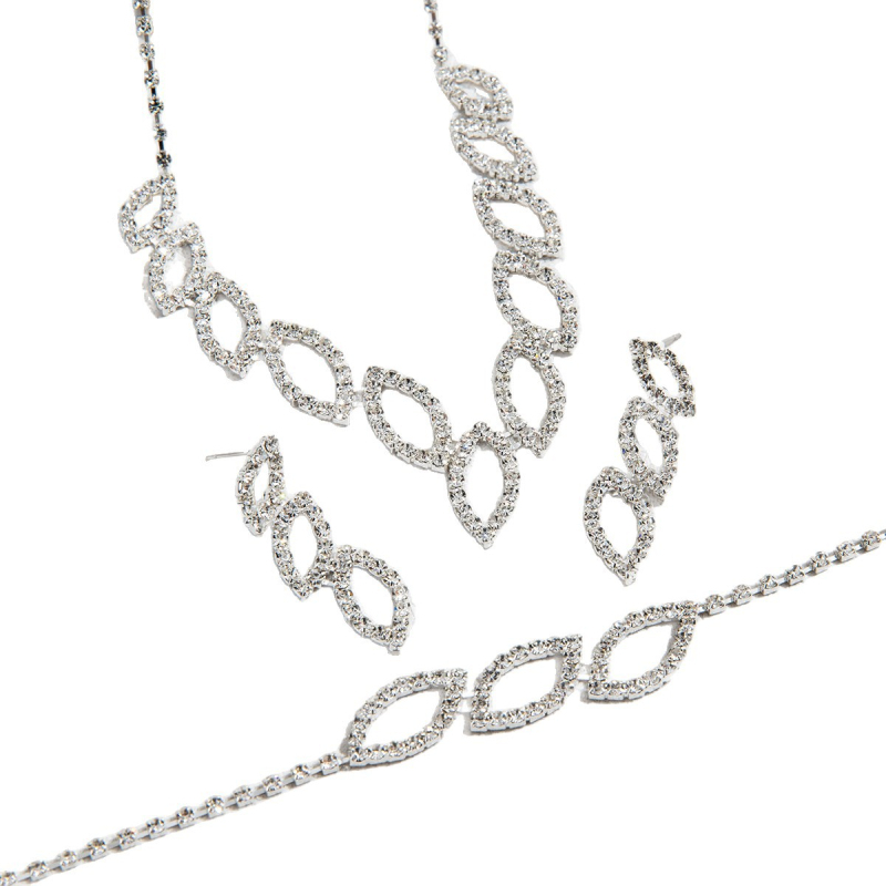 Trodjelni set nakita: ogrlica, naušnice i narukvica od bakra, lanac u obliku vodnog vala, Rhinestone privjesci; motivi: Ljubav / Kap vode / Zvono