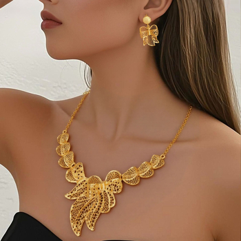 3D virágmotívumú nyaklánc és fülbevaló készlet, hullámlánccal, fém alapanyag, ötvözet medál, elektroplatolás