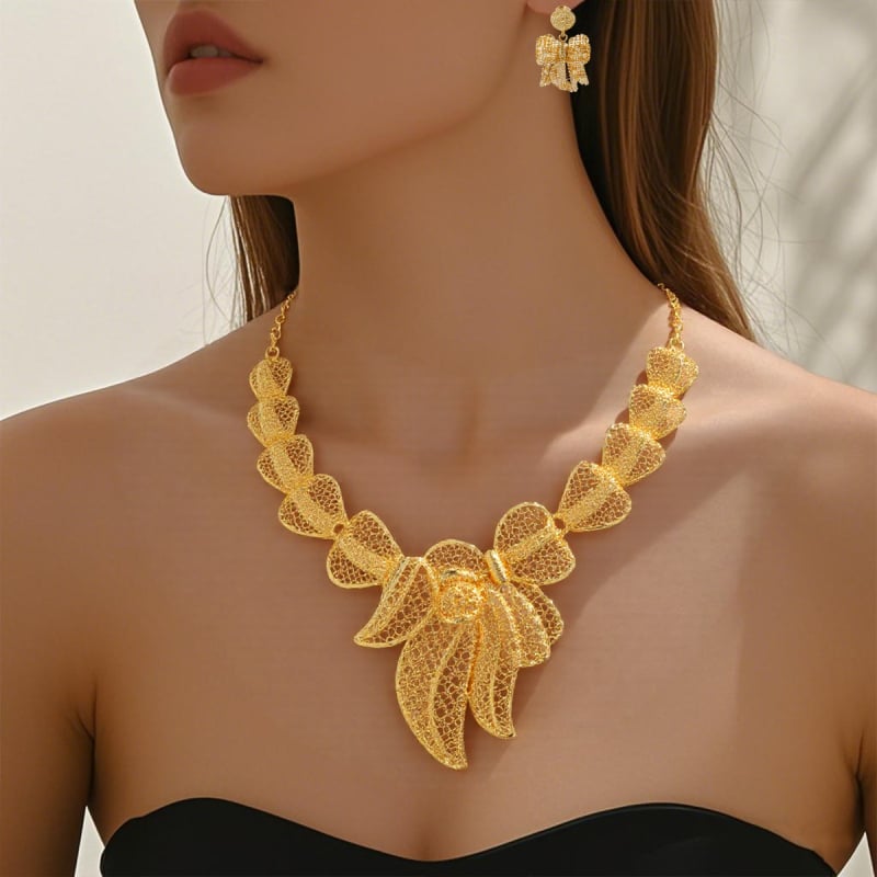 3D virágmotívumú nyaklánc és fülbevaló készlet, hullámlánccal, fém alapanyag, ötvözet medál, elektroplatolás