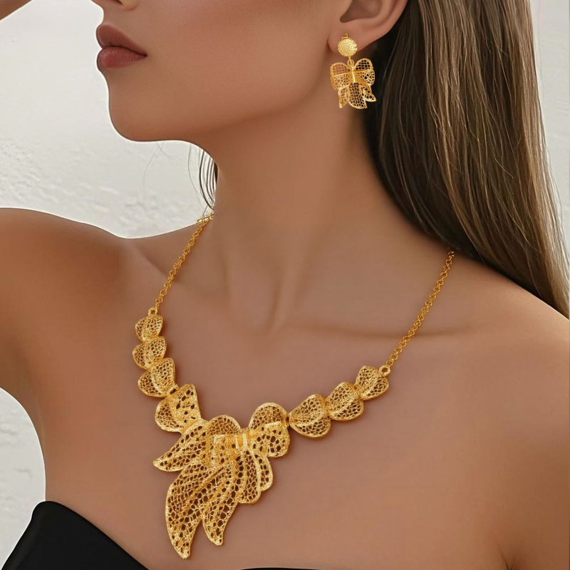 3D virágmotívumú nyaklánc és fülbevaló készlet, hullámlánccal, fém alapanyag, ötvözet medál, elektroplatolás