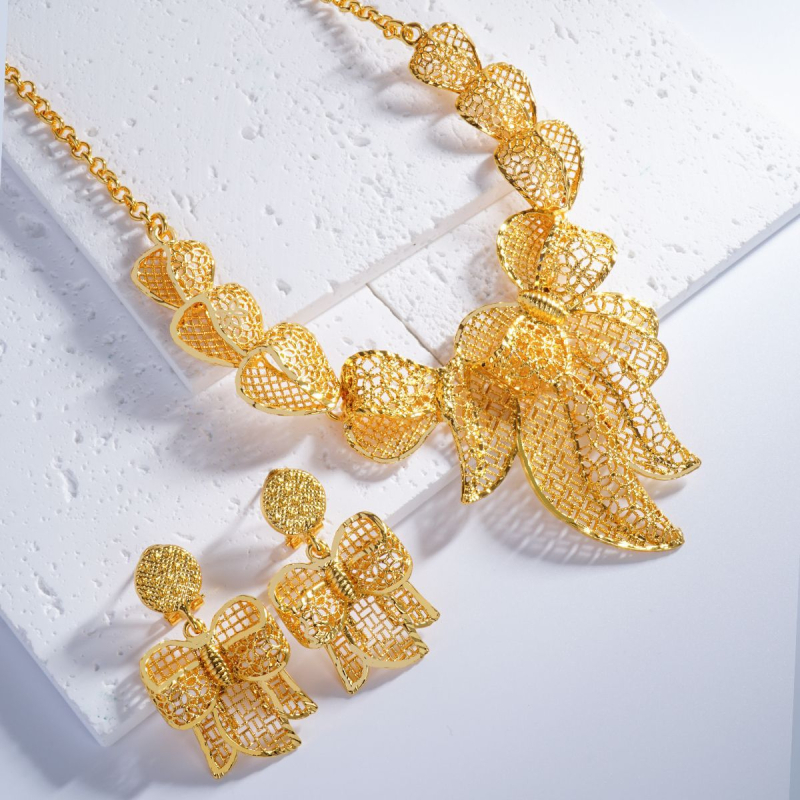 3D virágmotívumú nyaklánc és fülbevaló készlet, hullámlánccal, fém alapanyag, ötvözet medál, elektroplatolás