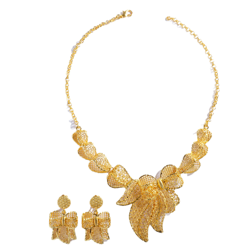 3D virágmotívumú nyaklánc és fülbevaló készlet, hullámlánccal, fém alapanyag, ötvözet medál, elektroplatolás