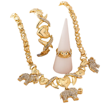 Vintage ékszerkészlet elefánt szív motívummal: nyaklánc, fülbevalók és kézi ékszerek – cinkötvözet, galvanizálás