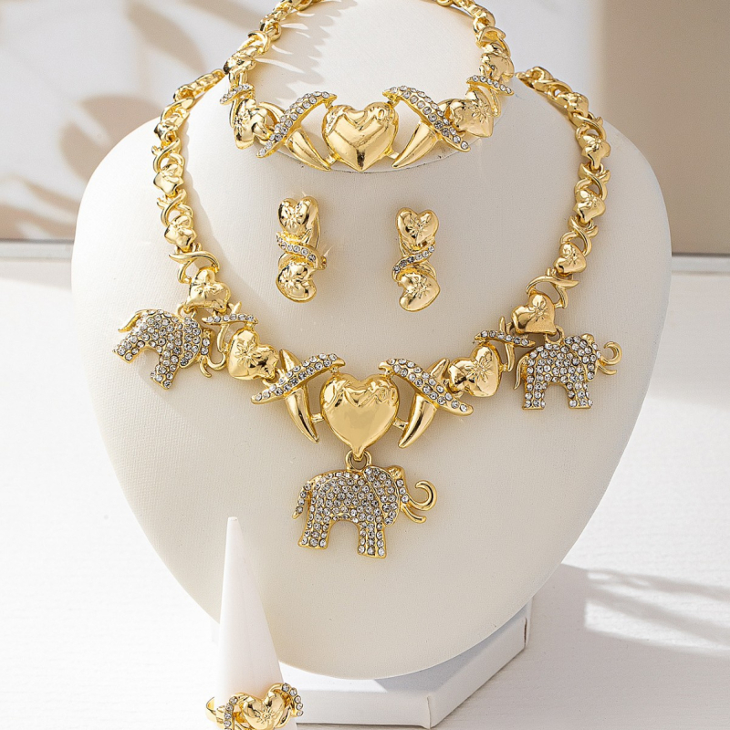 Vintage ékszerkészlet elefánt szív motívummal: nyaklánc, fülbevalók és kézi ékszerek – cinkötvözet, galvanizálás