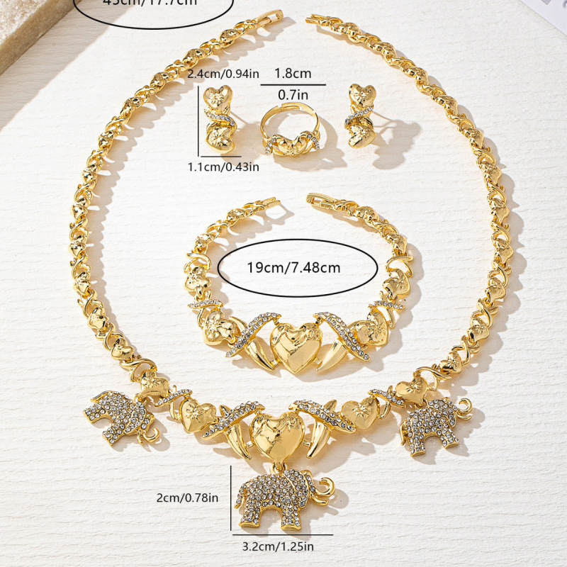 Vintage ékszerkészlet elefánt szív motívummal: nyaklánc, fülbevalók és kézi ékszerek – cinkötvözet, galvanizálás