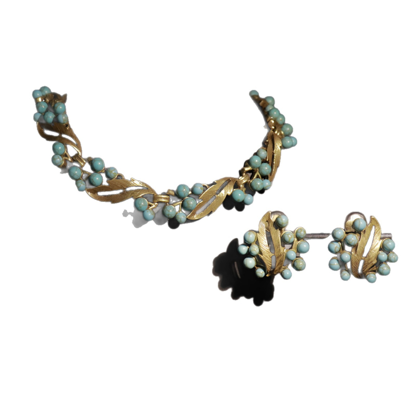 Levélmintázatú gyöngy nyaklánc és fülbevaló készlet; ötvözet, elektroplatírozás; szabványos lánc; szív, csepp és harang motívumok; retró irodalmi stílus; nőknek.