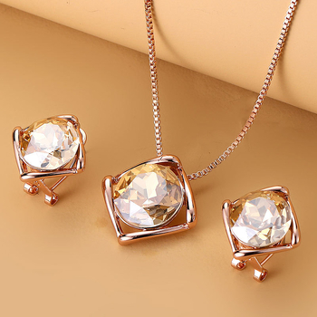Ženski dvodijelni set nakita: naušnice i ogrlica od legure, završetkom s kristalima, geometrijski uzorak, kutijasti lanac, umjetni kristal, minimalistički stil