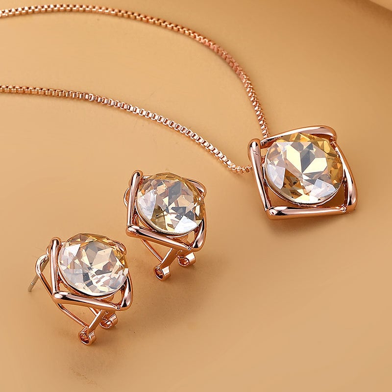 Ženski dvodijelni set nakita: naušnice i ogrlica od legure, završetkom s kristalima, geometrijski uzorak, kutijasti lanac, umjetni kristal, minimalistički stil