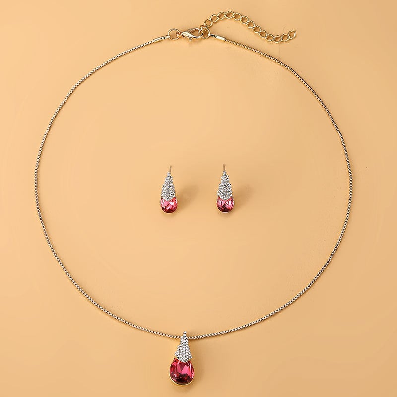 Ženski dvodijelni set nakita: naušnice i ogrlica od legure, završetkom s kristalima, geometrijski uzorak, kutijasti lanac, umjetni kristal, minimalistički stil