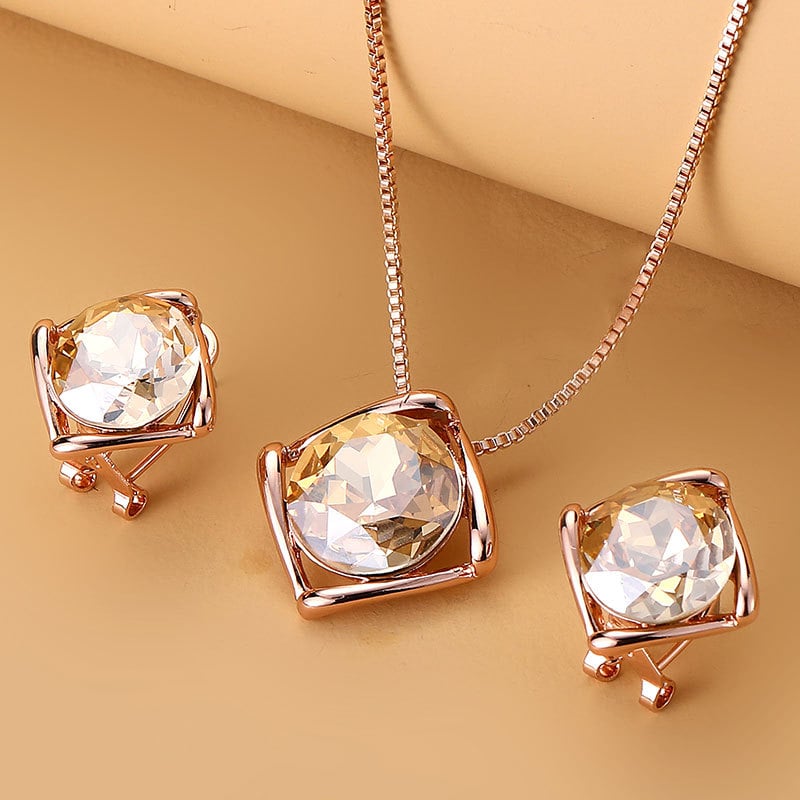 Ženski dvodijelni set nakita: naušnice i ogrlica od legure, završetkom s kristalima, geometrijski uzorak, kutijasti lanac, umjetni kristal, minimalistički stil