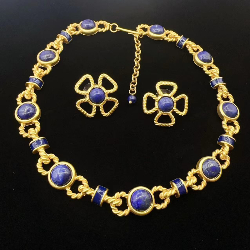 Ogrlica od lapis lazuli – Emila, običan lanac, geometrijski dizajn, retro umjetnički stil, porijeklo Shandong