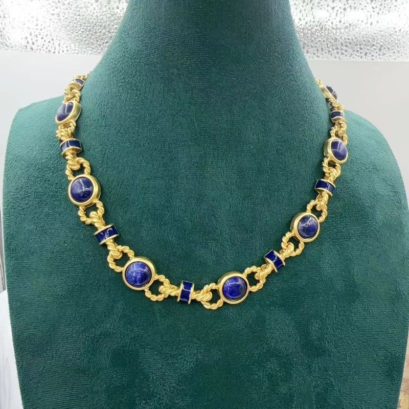 Ogrlica od lapis lazuli – Emila, običan lanac, geometrijski dizajn, retro umjetnički stil, porijeklo Shandong