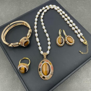 Tigriszem kő ékszerszett — gyémánt beépítés; fülbevalók, nyaklánc és karkötő; márka meiyu; modell 7001