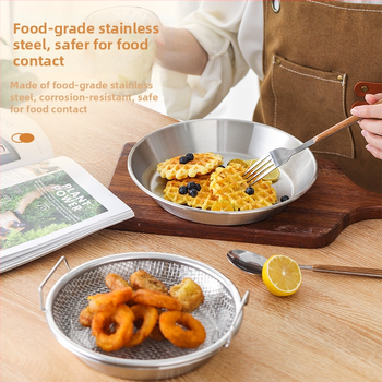 Δίσκος αποστράγγισης λαδιού για οικιακή κουζίνα, 304 ανοξείδωτο, στρογγυλός, με διπλά αυτιά και πλέγμα κόσκινου, κατάλληλος για μικροκύματα