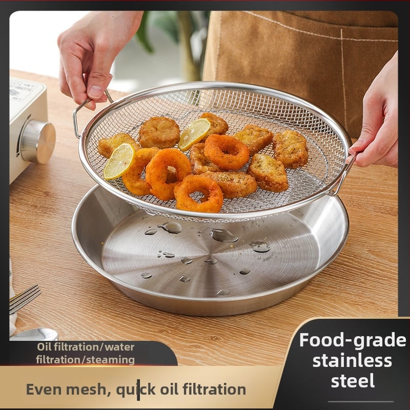 Δίσκος αποστράγγισης λαδιού για οικιακή κουζίνα, 304 ανοξείδωτο, στρογγυλός, με διπλά αυτιά και πλέγμα κόσκινου, κατάλληλος για μικροκύματα