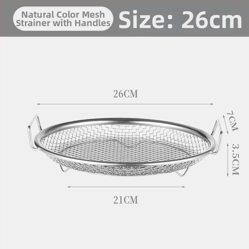 Δίσκος αποστράγγισης λαδιού για οικιακή κουζίνα, 304 ανοξείδωτο, στρογγυλός, με διπλά αυτιά και πλέγμα κόσκινου, κατάλληλος για μικροκύματα