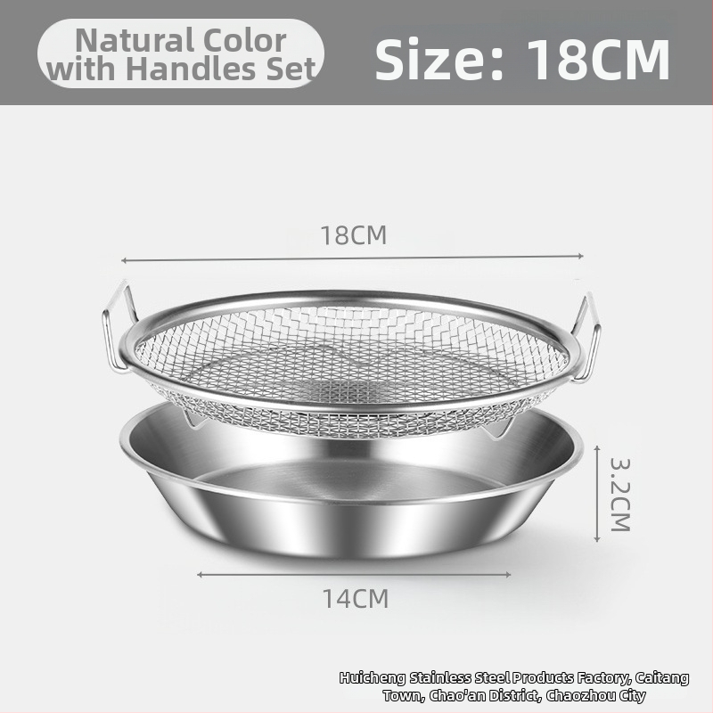 Δίσκος αποστράγγισης λαδιού για οικιακή κουζίνα, 304 ανοξείδωτο, στρογγυλός, με διπλά αυτιά και πλέγμα κόσκινου, κατάλληλος για μικροκύματα