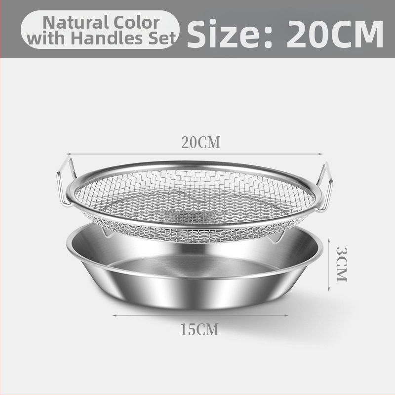 Δίσκος αποστράγγισης λαδιού για οικιακή κουζίνα, 304 ανοξείδωτο, στρογγυλός, με διπλά αυτιά και πλέγμα κόσκινου, κατάλληλος για μικροκύματα