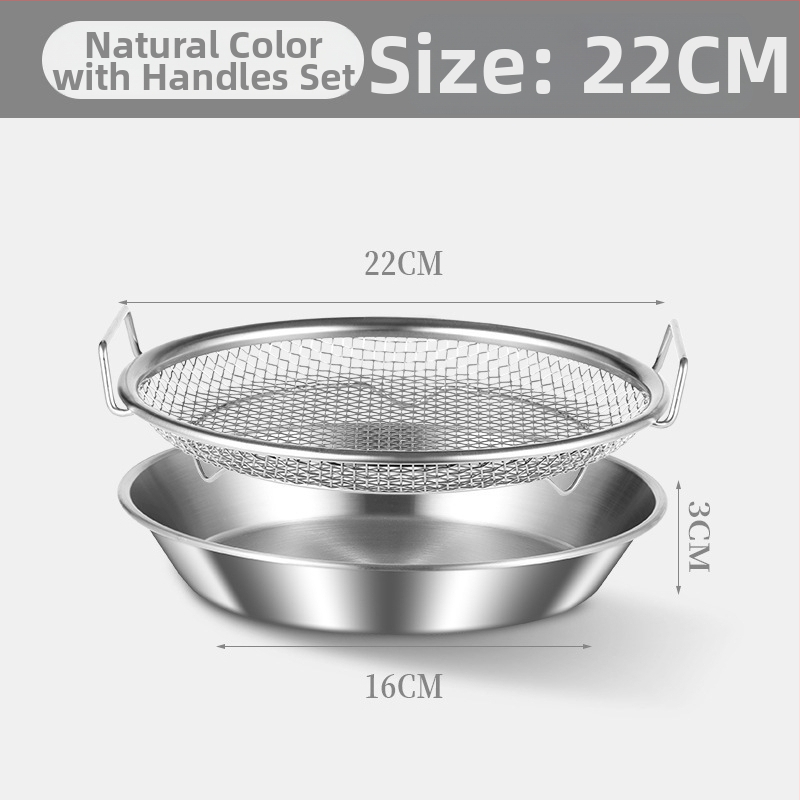 Δίσκος αποστράγγισης λαδιού για οικιακή κουζίνα, 304 ανοξείδωτο, στρογγυλός, με διπλά αυτιά και πλέγμα κόσκινου, κατάλληλος για μικροκύματα