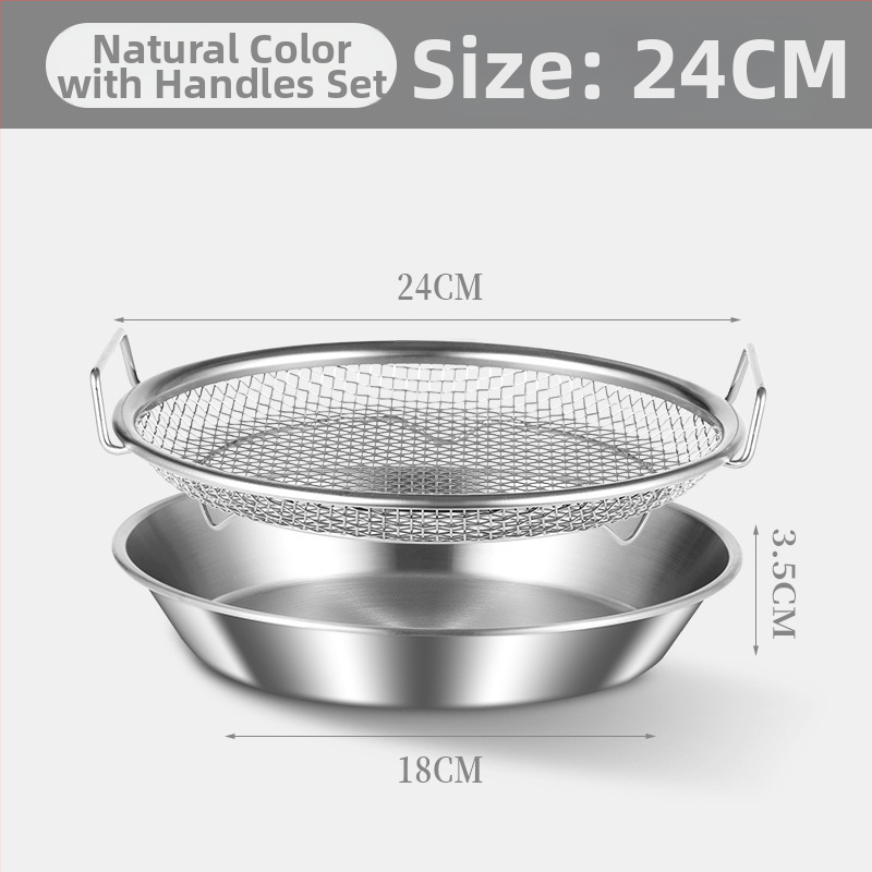 Δίσκος αποστράγγισης λαδιού για οικιακή κουζίνα, 304 ανοξείδωτο, στρογγυλός, με διπλά αυτιά και πλέγμα κόσκινου, κατάλληλος για μικροκύματα