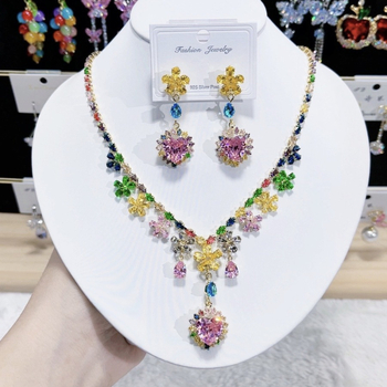 Set ogrlice i naušnica s cvjetnim motivom, luksuzni umjetni kristal i zircon, klavikularni lanac, bakren privjesak, opseg 31–40 cm, originalni dizajn