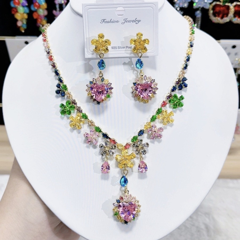 Set ogrlice i naušnica s cvjetnim motivom, luksuzni umjetni kristal i zircon, klavikularni lanac, bakren privjesak, opseg 31–40 cm, originalni dizajn
