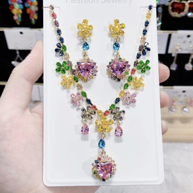 Set ogrlice i naušnica s cvjetnim motivom, luksuzni umjetni kristal i zircon, klavikularni lanac, bakren privjesak, opseg 31–40 cm, originalni dizajn