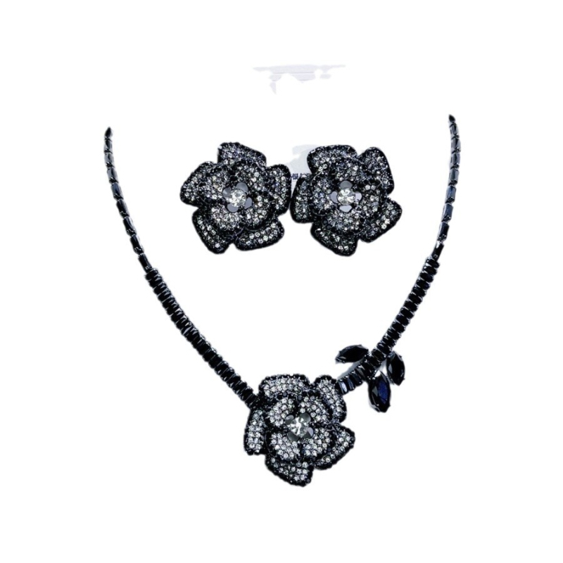 Комплект колие и обици с цвете от имитационни кристали и циркони, верига за ключица, меден висулка, електроплаване