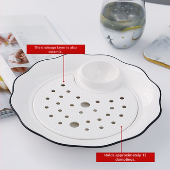 Keraamiline pelmeenide taldrik drenaažiga kahekihilise plaadi ja äädikaussiga — ümmargune, kaasaegne minimalistlik stiil