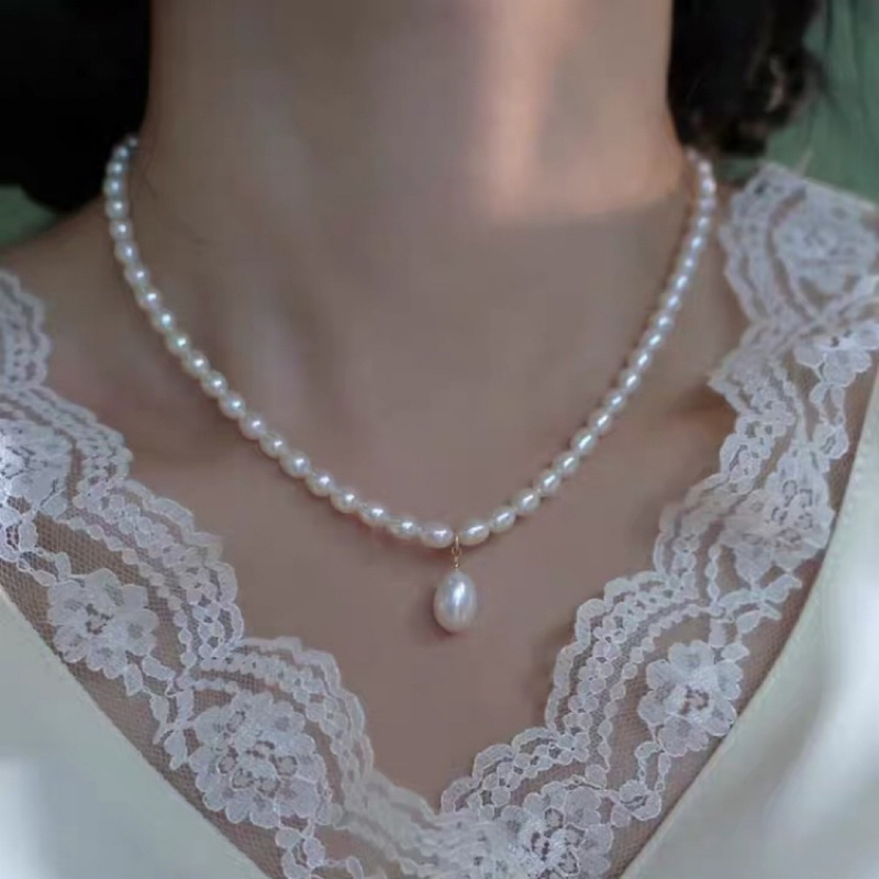 Ogrlica od slatkovodnih bisera s rižastim perlama, ručno izrađena, lanac od bisera, francuski retro stil
