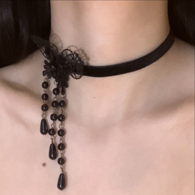 Halloween ogrlica u gotičkom Lolita stilu s čipkom, leptir-perlama i resicama, Bowknot lanac (Materijal: lažna perla; Ručna izrada; Oblik: Bowknot; Opseg: 31–40 cm)