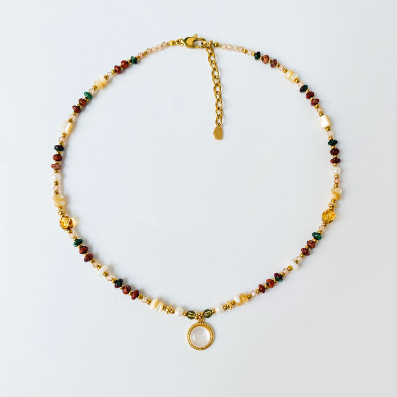 Kulcscsont-nyaklánc abakusz gyöngyökkel és édesvízi gyöngyökkel, kézzel készített, retro stílus, elektroplating bevonat, eredet Lishui, 2025 nyári bevezetés