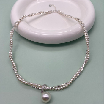 Colier cu pandantiv perla din argint 925, perlă naturală de apă dulce, design cu două straturi