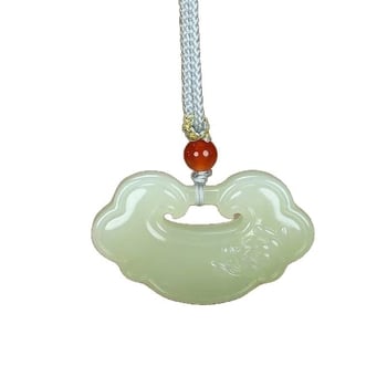 Afgan jáde medálos nyaklánc, szív alakú medállal és lotus motívummal, Új kínai stílus, Gravírozás és polírozás, VS tisztaság