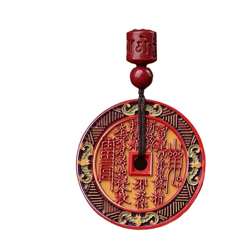 Pandantiv rotund din cinnabar pictat, cu un duh de munte, unisex, Anul Dragonului, stil taoist