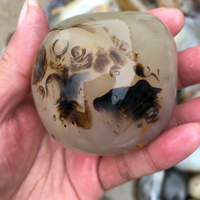 Pandantiv de mână din chalcedon, piatră naturală, model marin, șlefuire și lustruire, personalizabil