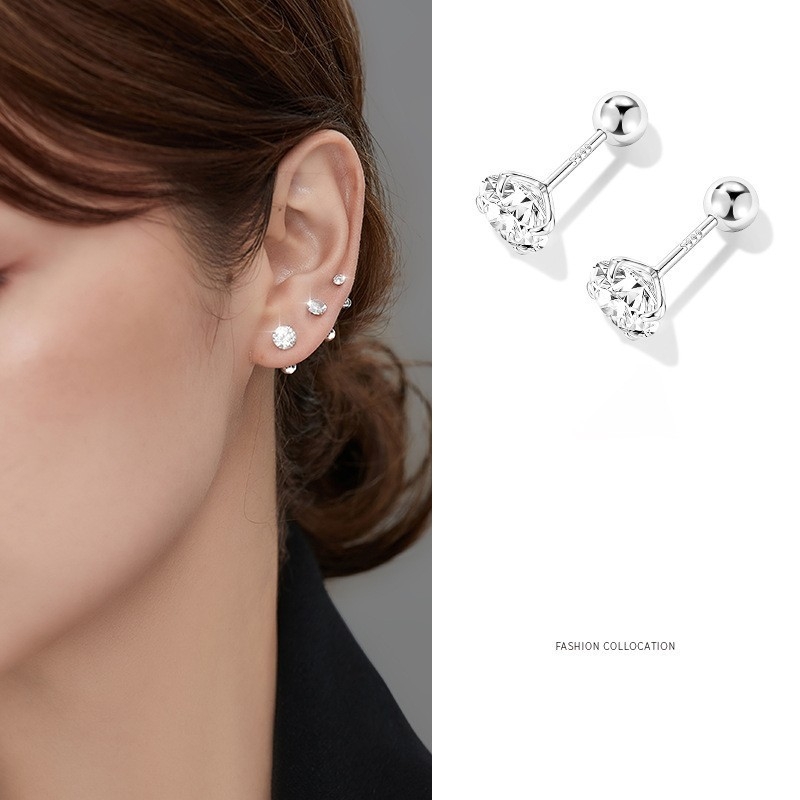 Naušnice od srebra 999 s dijamantima, vijčano uvrtanje za uho, za žene, Kod Yn-9