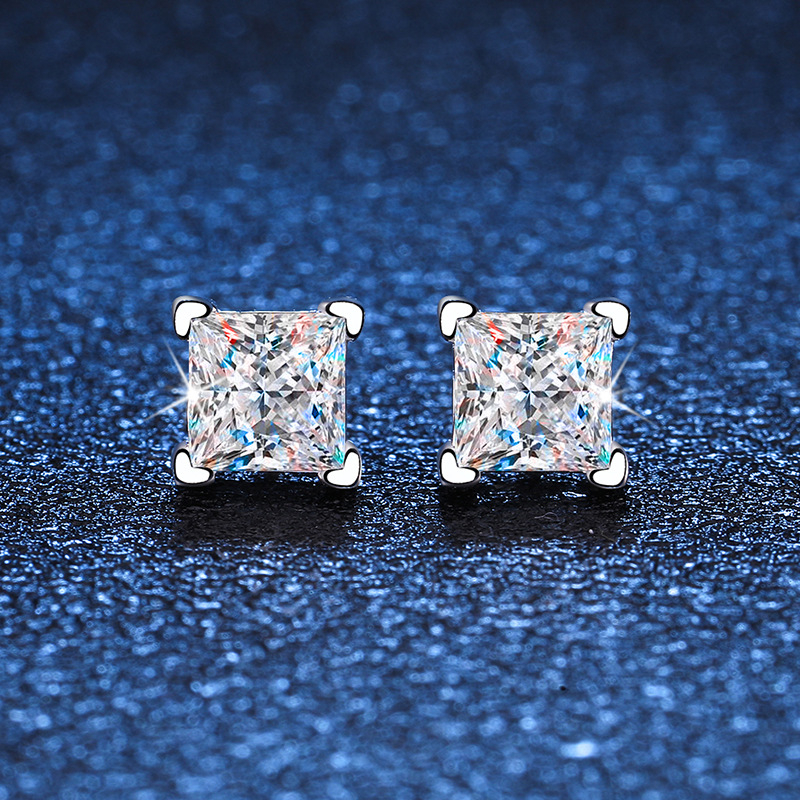 Ženske naušnice od srebra S925, Pt950 platinasti premaz, minimalistički dizajn, Moissanite u kvadratnom obliku, 1 karat