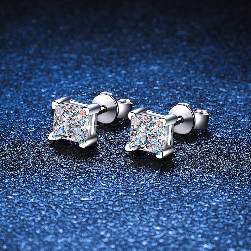 Ženske naušnice od srebra S925, Pt950 platinasti premaz, minimalistički dizajn, Moissanite u kvadratnom obliku, 1 karat