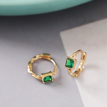 Cercei din argint 925, design geometric pătrat, piatră smarald, placare electroplată